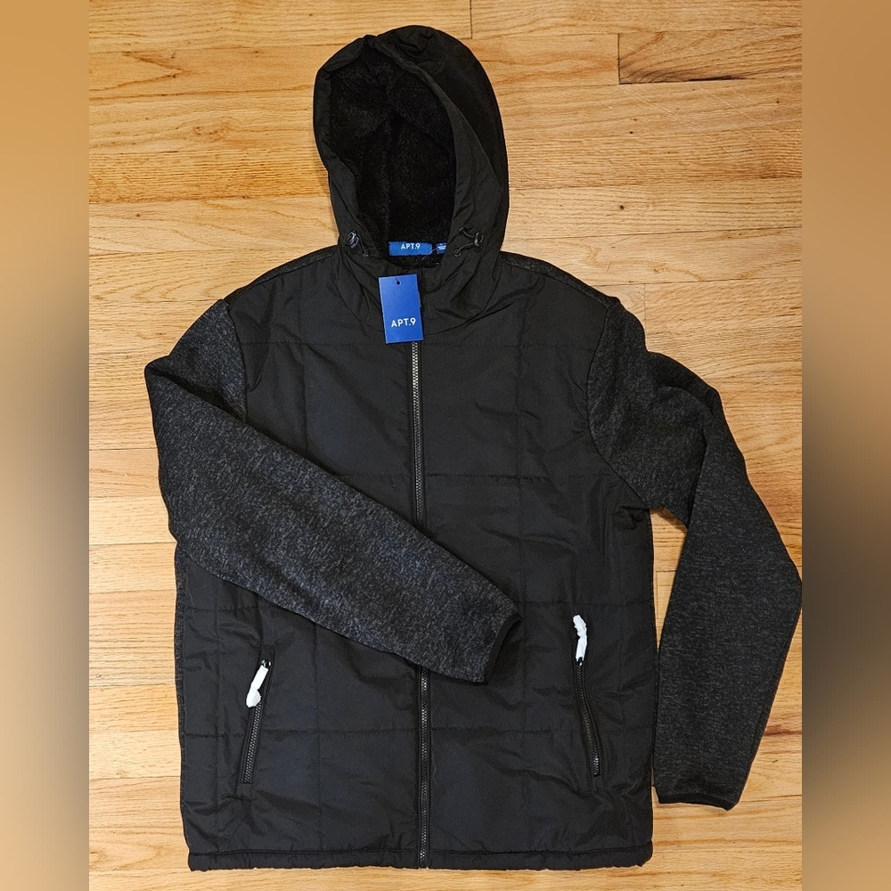 NEW! Apt 9 Sherpa Lined Mixed Media Light Hooded Jacket Men's L Black / Gray